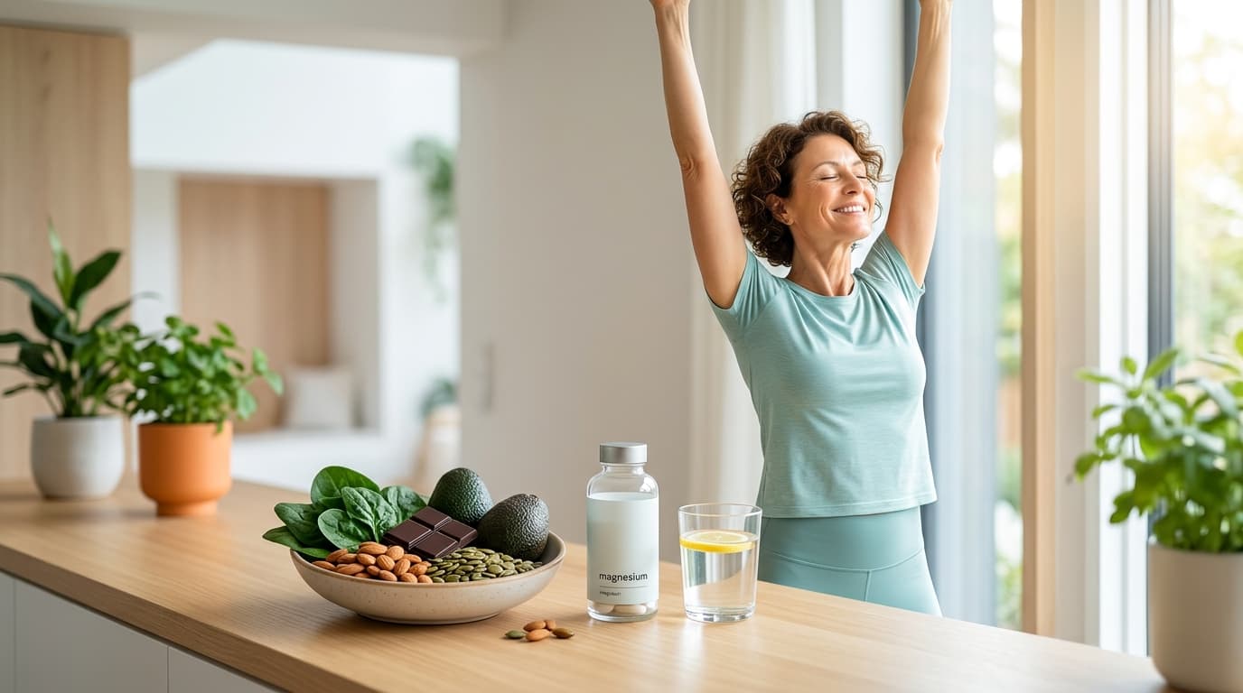 Integratori di magnesio naturali con frutta secca e verdure a foglia verde su tavolo di legno