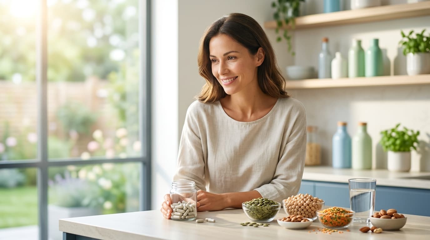 Capsule di zinco con alimenti ricchi di zinco come semi di zucca, noci e cereali integrali su superficie naturale